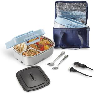 imageHamilton Beach Portable Electric Lunch Box Food Warmer for Office ampamp Car with 12V Adapter 120V Plug Stainless Steel 3 Compartment Tray Insulated Carrying Bag Fork ampamp Spoon Blue 33105Stainless Steel 3 Compartment Tray 