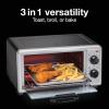 imageProctor Silex 4 Slice Countertop Toaster Oven MultiFunction with Bake Toast and Broiler 1100 Watts 30 min timer and autoshutoff Includes Backing Pan and Rack Black and Silver 31260
