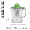 imageProctor Silex Electric Citrus Juicer Machine Large 34 oz Pitcher Pressure Activated 2 Reamers for Big and Small Fruit Pulp Control for Orange Lemon Grapefruit Juice White amp Green 66340White  Green