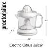 imageProctor Silex Electric Citrus Juicer Machine Large 34 oz Pitcher Pressure Activated 2 Reamers for Big and Small Fruit Pulp Control for Orange Lemon Grapefruit Juice White amp Green 66340White