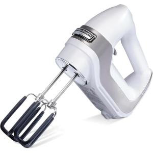 imageHamilton Beach Professional 7Speed Digital Electric Hand Mixer with HighPerformance DC Motor Slow Start SnapOn Storage Case SoftScrape Beaters Whisk Dough Hooks Silver and Chrome 62657White