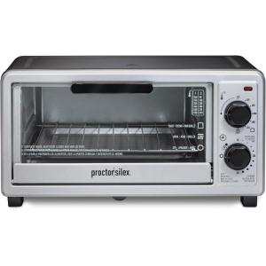 imageProctor Silex 4 Slice Countertop Toaster Oven MultiFunction with Bake Toast and Broiler 1100 Watts 30 min timer and autoshutoff Includes Backing Pan and Rack Black and Silver 31260