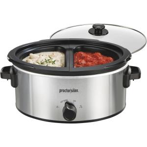 imageProctor Silex Double Dish Slow Cooker with 6qt Crock and Dual 25qt Nonstick Insert to Cook Two Meals at Once Dishwasher Safe Pot amp Lid Silver 33563