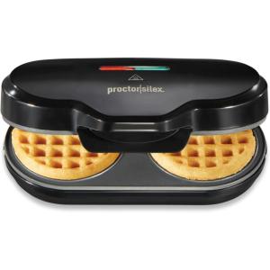 imageProctor Silex Double Mini Waffle Maker Machine with 4 Round Nonstick Grids Makes 2 Personalized Individual Breakfast Keto Chaffles and Hashbrowns Compact Black 26102Double Compartments