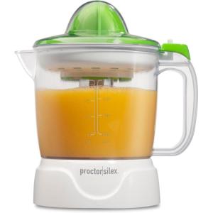 imageProctor Silex Electric Citrus Juicer Machine Large 34 oz Pitcher Pressure Activated 2 Reamers for Big and Small Fruit Pulp Control for Orange Lemon Grapefruit Juice White amp Green 66340White  Green