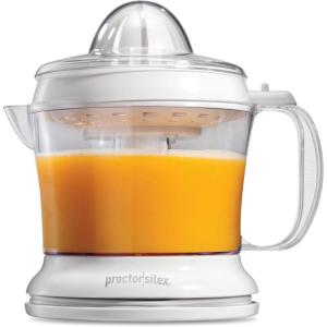 imageProctor Silex Electric Citrus Juicer Machine Large 34 oz Pitcher Pressure Activated 2 Reamers for Big and Small Fruit Pulp Control for Orange Lemon Grapefruit Juice White amp Green 66340White