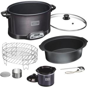imageWESTON 2in1 Programmable Slow Cooker amp Electric Indoor Smoker 6 Quart 3Tier Smoking Rack for Meat Cheese and More Dishwasher Safe Crock Temperature Probe Includes 16 oz Party Dipper BlackBlack With Party Dipper
